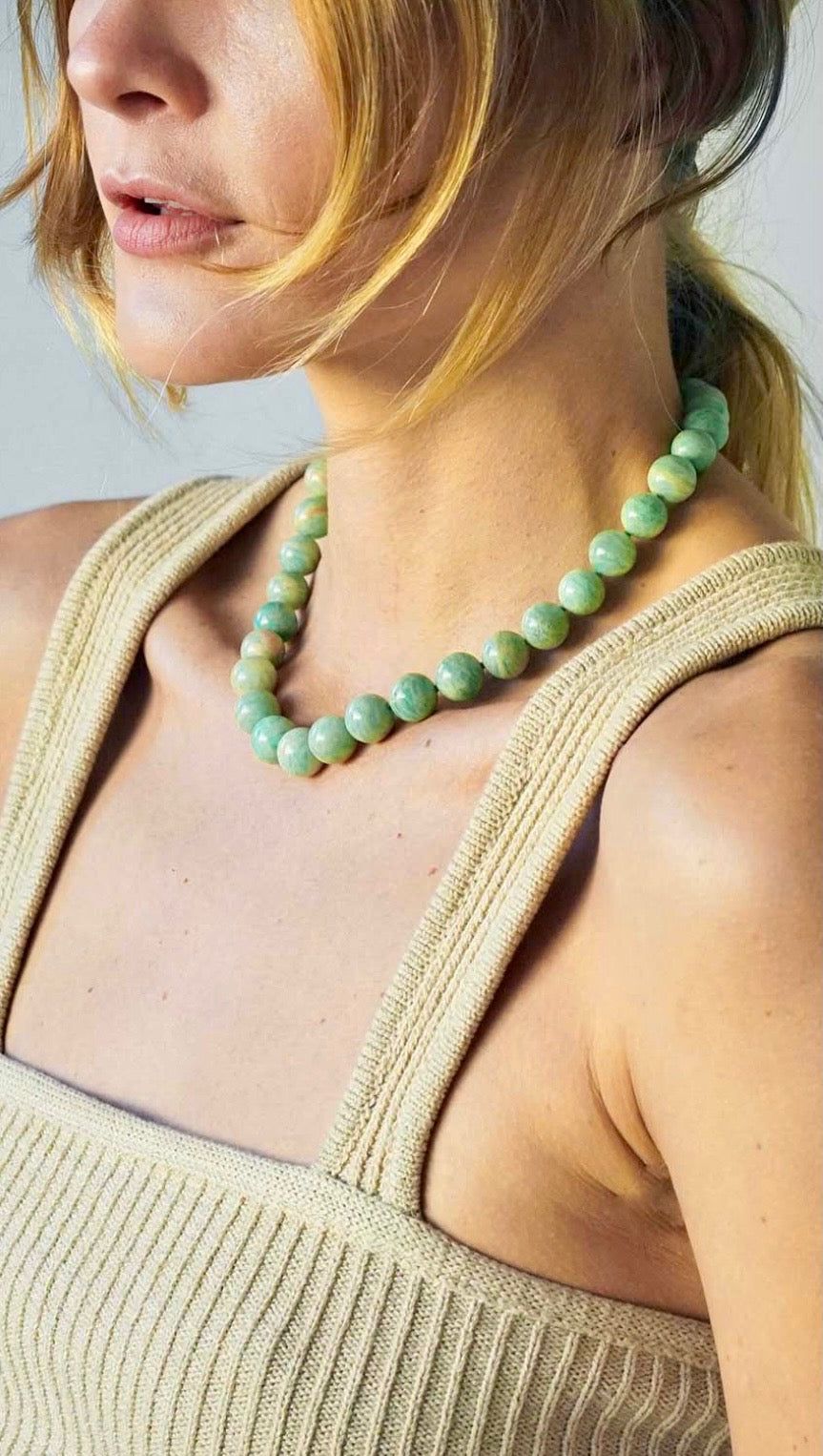 Oracle Amazonite Round Crystal Necklace 14 Karat Gold